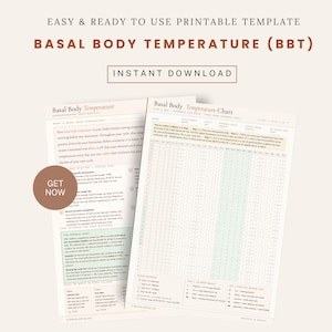 Op de afbeelding: Afdrukbare sjabloon voor het bijhouden van de basale lichaamstemperatuur (BBT). Het ontwerp bevat een grafiek en verklarende tekst. De tekst luidt "Eenvoudig en klaar voor gebruik afdrukbare sjabloon" en "Basale lichaamstemperatuur (BBT)". De woorden "Direct downloaden" zijn ook zichtbaar.