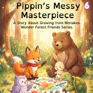 May include: A children's book cover titled "Pippin's Messy Masterpiece" with the text "A Story About Growing from Mistakes. Wonder Forest Friends Series." The image shows a fox, bear, rabbit, owl, and turtle around a painting with colorful paint splatters.