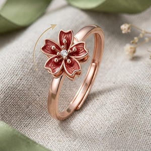 Rose Gold Fidget Ring · Adjustable · Cherry Blossom · Enamel & Cubic Zirconia · Anxiety Jewelry