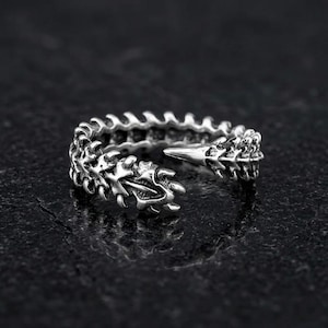 May include: A silver-colored ring with a dragon spine design. The ring features a detailed, openwork pattern with a pointed tip and claw-like ends. The ring is designed to be adjustable.