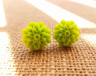 Lime Green Chrysanthemum Flower Stud Earrings
