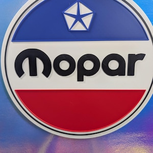 Könnte beinhalten: Ein rundes, mehrfarbiges Emblem mit dem Wort "Mopar" in schwarzen Blockbuchstaben. Die obere Hälfte ist blau mit einem weißen Pentagramm-Stern, die Mitte ist weiß und der untere Teil ist rot. Ein schwarzer Rand umgibt das Emblem.