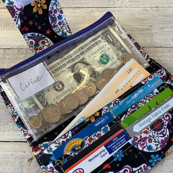 Money Envelope System - Sugar Skull Wallet - Zippered Pockets, Dave Ramsey Cash Envelope System - Money System - Budget Envelopes