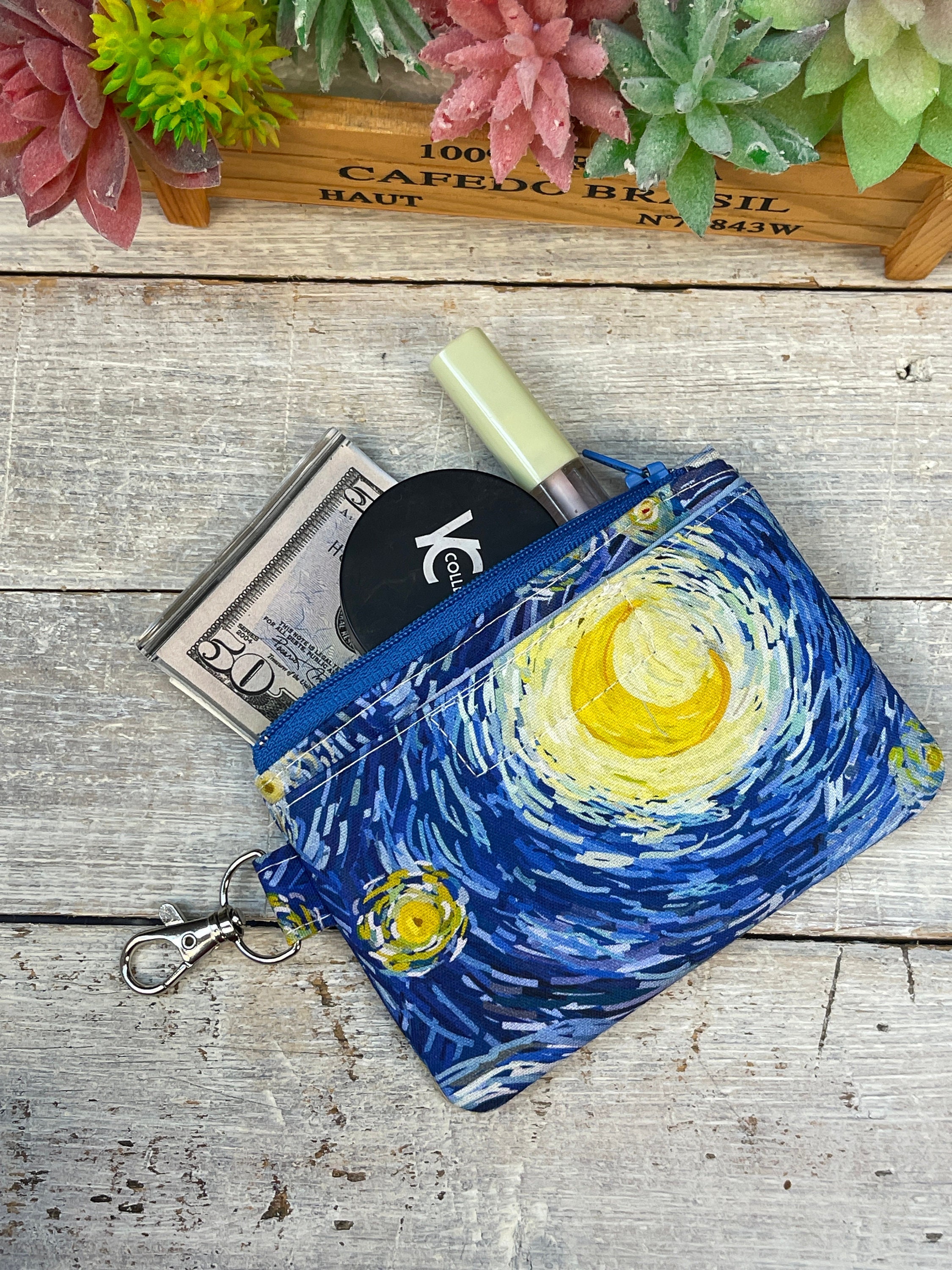 ANNAMISSI RFID Credit Card Holder Small Leather Zipper Card Case Wallet for  Women Keychain Van Gogh (Van Gogh Almond Blossom)