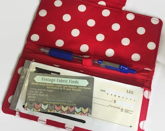 Checkbook Cover, Checkbook case, Polka Dot checkbook holder, check book holder, Red Checkbook Cover