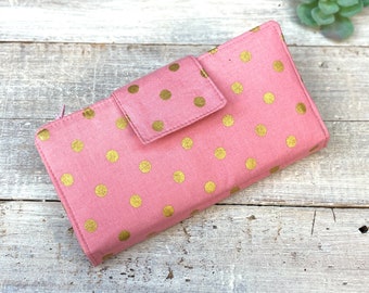 Cash Envelope Wallet, Customized Wallet for Budgeting and Organizing Money and Debit Cards, Pink Polka Dot Wallet