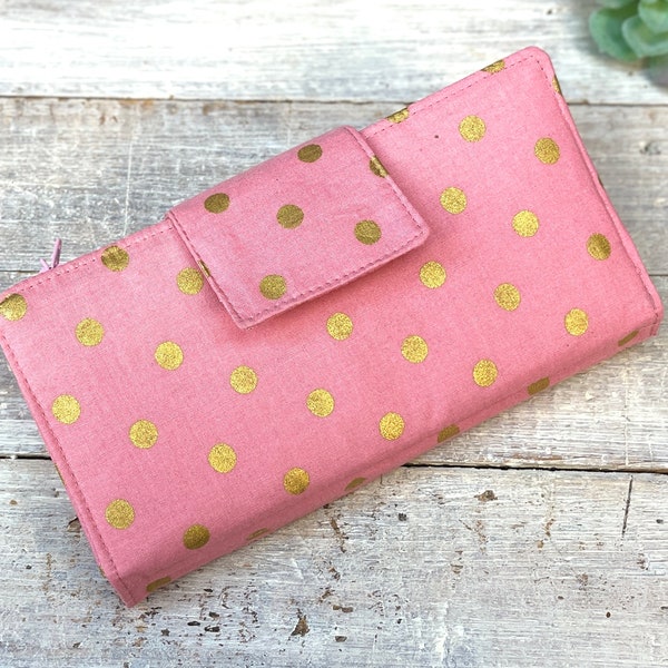 Cash Envelope Wallet, Customized Wallet for Budgeting and Organizing Money and Debit Cards, Pink Polka Dot Wallet