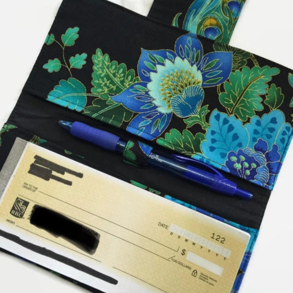 Couverture de chéquier en tissu - support bleu sarcelle floral - porte chéquier - porte-monnaie