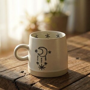 Caneca de cerâmica pintada à mão com lua e estrelas, estilo retrô boho.
