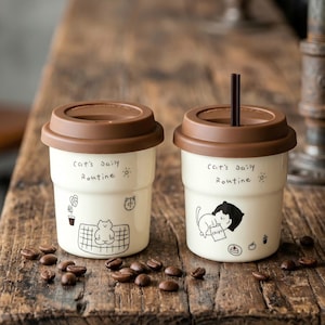 May include: Two cream-colored coffee mugs with brown lids and a straw. Each mug features a cat illustration and the text "Cat's Daily Routine." Coffee beans are scattered on the wooden surface. One mug has a cat sitting on a mat, the other has a cat eating chips.