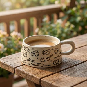 Op de afbeelding: Een beige keramische mok gevuld met koffie, versierd met zwarte kattenillustraties. De mok staat op een houten tafel, met een vage buitenachtergrond. De mok heeft een gebogen handvat en is gevuld met een lichtbruine vloeistof.