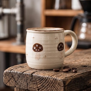 Handgjord keramikmugg med svamp, rustik kaffekopp i stengods, höstgåva från Cottagecore