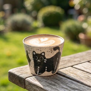 Può includere: Una tazza da caffè in ceramica con un disegno di gatto nero. La tazza è riempita con un latte macchiato, sormontato da un disegno a forma di cuore. La tazza è appoggiata su un tavolo di legno all'aperto, con uno sfondo verde sfocato.