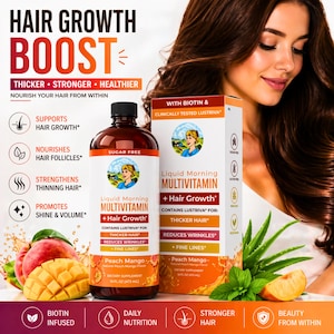 May include: A bottle and box of Liquid Morning Multivitamin + Hair Growth, with peach and mango flavoring. The label highlights benefits like thicker hair and reduced wrinkles. The image also includes text: "Hair Growth Boost" and "Biotin Infused".