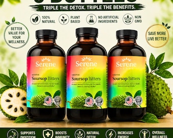 3 Bottles Soursop Bitters Liquid  16 fl oz | Herbal Detox & Gut Health Support | Moringa, Oregano, Ashwagandha Extract | Natural Energy