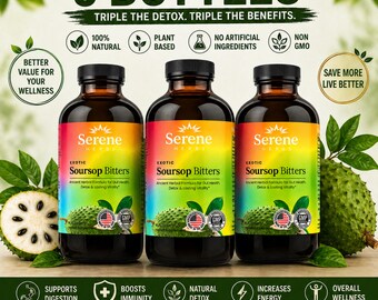 3 Bottles Soursop Bitters Liquid  16 fl oz | Herbal Detox & Gut Health Support | Moringa, Oregano, Ashwagandha Extract | Natural Energy