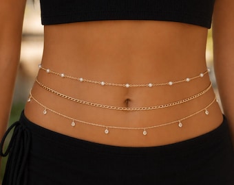 3-Piece Gold Plated Pearl Body Chain, Adjustable Saree Belly Belt