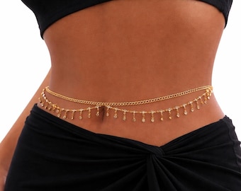 Cadena para el vientre de oro en capas con delicados dijes, joyería bohemia para la cintura en la playa.