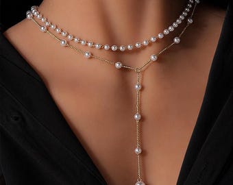 Collana a strati di perle da donna - Elegante stile con perle, design alla moda a strati, versatile per l'uso quotidiano.