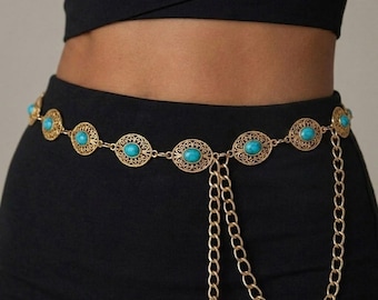 Gold Peacock Blue Beaded Waist Chain, Sunburst Medallion Body Jewelry