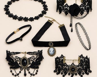 Jewellery Girls/Women's Black Fabric Lace Chokers Stylish Necklace Combo Set of 7 Pieces