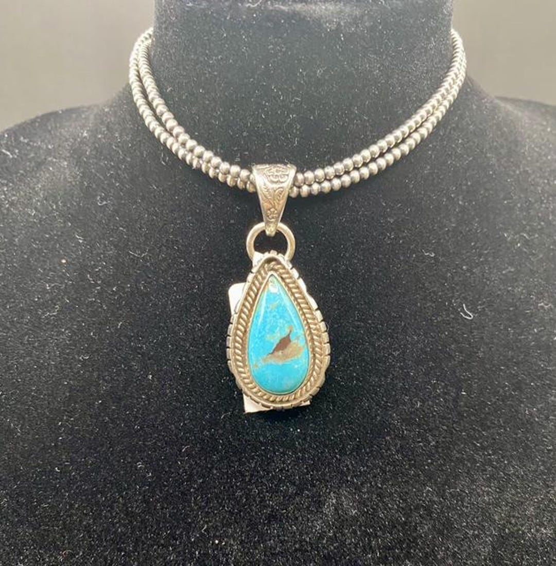 Signed Native American Kingman Turquoise Pendant Sterling Silver ...