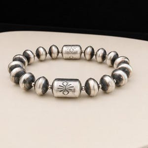 Signed Sharon Cooley Navajo Sterling Silver Handmade Pearl Barrel Bead Bracelet | Stretch 7.5-8” Southwestern Jewelry