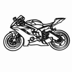 Könnte beinhalten: Ein schwarzes Wandkunstobjekt in Form eines Sportmotorrads. Das Design zeigt die detaillierte Kontur des Motorrads, einschließlich der Frontverkleidung, des Tanks, des Sitzes, der Motorkomponenten und zweier Räder mit sichtbaren Speichen in Schwarz.