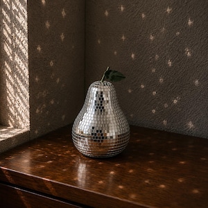 Disco Pear Decor with Mirror Mosaic Tiles, Retro Fruit Home Accent, Aesthetic Room Decoration, Funky Shelf Decor, Unique Gift Idea
