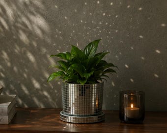 Vaso a forma di palla da discoteca con tessere di mosaico a specchio, vaso per piante retrò glamour color argento, decorazione estetica per la casa, moderno complemento d'arredo per mensole, regalo unico