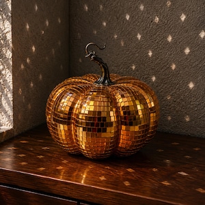 Disco Pumpkin Sculpture with Mirror Mosaic Tiles, Retro Fall Room Decor, Aesthetic Autumn Shelf Accent, Funky Home Decoration, Unique Gift