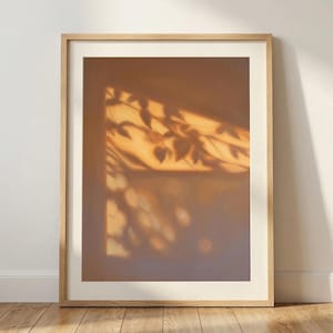 Soft Window Light Painting, Warm Brown Leaf Shadow Art, Earth Tone Boho Home Decor Digital Download