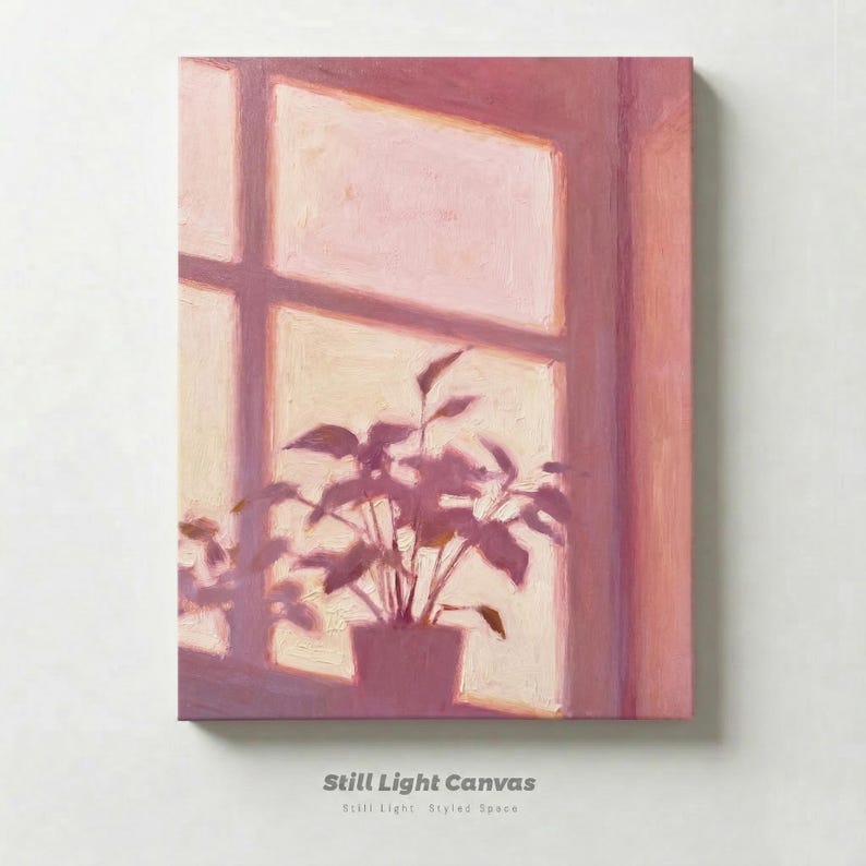 Soft Window Light Painting, Abstract Plant Silhouette Art, Muted Pink ...