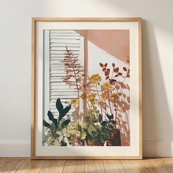 Botanical Shutters Print, Sunlight Window Scene, Terracotta Green Decor (Digital Download)