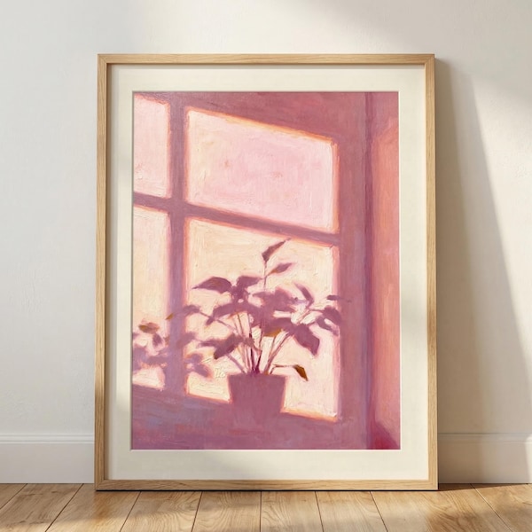 Pintura con luz tenue de ventana, arte abstracto de siluetas de plantas, decoración del hogar en rosa pálido (descarga digital)