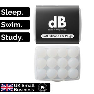 May include: A set of soft silicone ear plugs in a clear rectangular case, accompanied by a black sleeve labeled dB Peace in every decibel. The text Sleep, Swim, Study is displayed alongside the product, which contains twelve round white plugs.