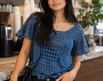Datura Bloom Crochet Top Pattern, Boho Puff Stitch Lace Blouse (PDF Download)