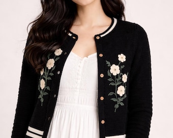 Embroidered Floral Crochet Cardigan, Boho Knit Sweater, Cozy Button-Up (Digital Download)