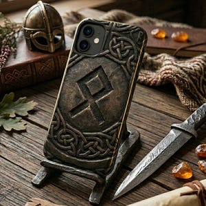 Op de afbeelding: Een bronzen telefoonhoesje met een Keltisch knoopontwerp en een rune-symbool. De hoes wordt weergegeven op een metalen standaard, met een kleine bronzen helm en een decoratief mes op de achtergrond. Het algemene thema is historisch en fantasie.