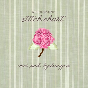 May include: A needlepoint stitch chart featuring a mini pink hydrangea design. The chart includes the text "needlepoint" and "stitch chart" at the top, and "mini pink hydrangea" at the bottom. The background has a striped pattern.