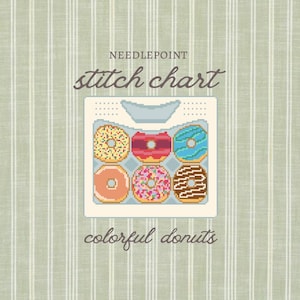 May include: A needlepoint stitch chart featuring a pixel art illustration of six colourful doughnuts in a box. The text reads NEEDLEPOINT stitch chart and colourful doughnuts. The background is a light sage green fabric with thin white vertical stripes.
