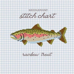 May include: Needlepoint stitch chart featuring a pixelated rainbow trout design. The fish has a green back, pink stripe, and brown fins, set against a light blue gingham background. Text reads "Needlepoint stitch chart" and "rainbow trout".