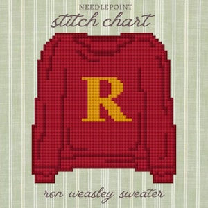 May include: Needlepoint stitch chart of a red sweater with a yellow "R" on a light green striped background. The text "Ron Weasley Sweater" is at the bottom of the image.