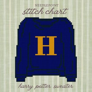 May include: Needlepoint stitch chart featuring a blue sweater with a gold "H" and the words "harry potter sweater". The background is a light green with vertical stripes.