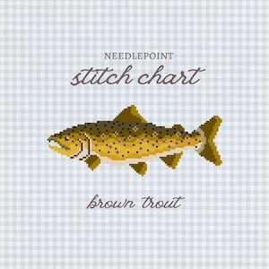May include: A needlepoint stitch chart featuring a pixelated brown trout illustration centered on a light blue and white gingham background. The text reads NEEDLEPOINT stitch chart and brown trout in a dark gray, elegant script font.