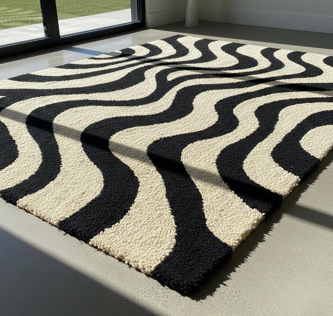 Hand Tufted Wool Rug – Black & Cream Wavy Abstract Design Home Decor - Etsy