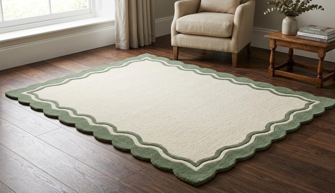 Hand Tufted Wool Rug, Modern Minimal Scalloped Border, Ivory Sage Green ...