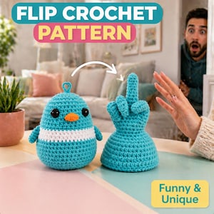 May include: A turquoise crochet bird and a hand with the middle finger up. The bird has a white stripe and an orange beak. The text "FLIP CROCHET PATTERN" is at the top, and "Funny & Unique" is at the bottom.