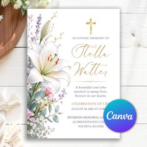 May include: A memorial card featuring a gold cross, white lilies, and lavender floral accents. The text reads: IN LOVING MEMORY OF Stella Walter, A beautiful soul who touched so many lives. Forever in our hearts. CELEBRATION OF LIFE AUGUST 28, 2026 AT 11:00 RIVERSIDE MEMORIAL GARDENS 215 BREEZEWOOD COURT WICHITA, KS 67202.