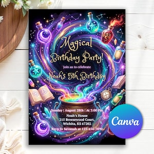 May include: A rectangular birthday party invitation featuring a black background with a colourful swirling vortex, a central cauldron, potion bottles, crystals, an open spellbook, and a pocket watch. Text reads: Magical Birthday Party! Join us to celebrate Noah's 5th Birthday. Sunday, August 28th, at 3:00 PM, Noah's House, 215 Breezewood Court, Wichita, KS 67202. Rsvp to Savanah at 123-456-7890.